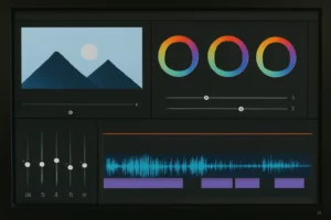 Écran d'édition vidéo montrant des réglages de colorimétrie et d'effets sonores